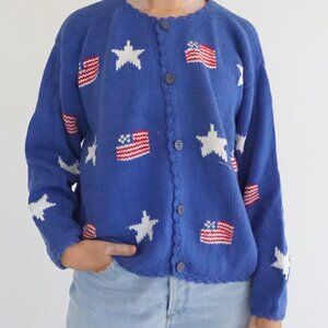 Vintage Rey Wear Blue Knit American Flag Star Cotton Patriotic Preppy Cardigan S